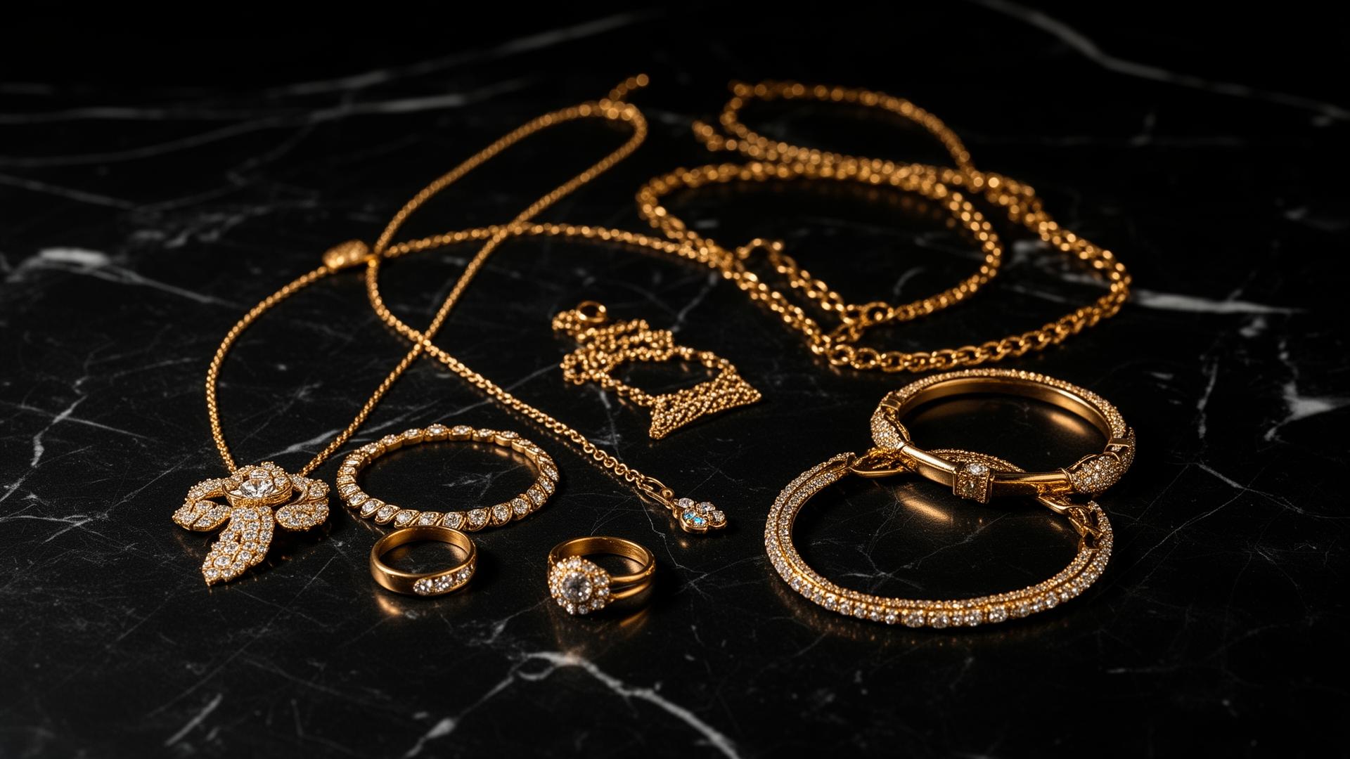 Elegant gold jewellery flatlay on black marble